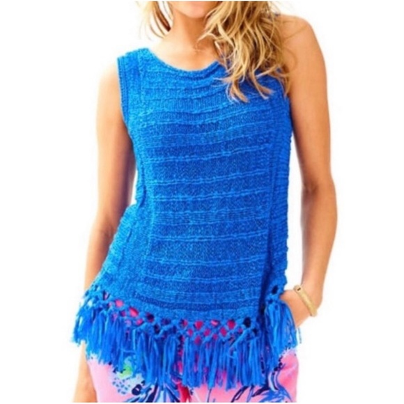 Lilly Pulitzer Blue Sleeveless Knit Top with Fringe - Picture 1 of 10